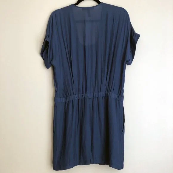 BCBGMAXAZRIA Blue Wrap Short-Sleeve Dress | Sheer Overlay | Size 8 - Picture 8 of 16